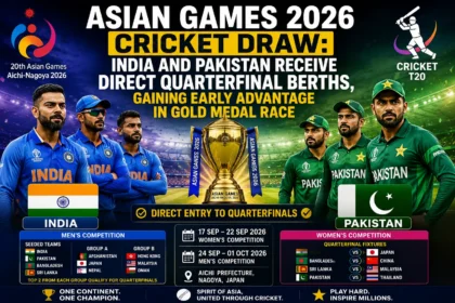Asian Games 2026 Cricket Draw featuring India and Pakistan receiving direct quarterfinal berths in the T20 cricket tournament.