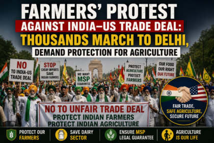 Indian farmers protest against the proposed India–US Trade Agreement near Delhi borders demanding protection for agriculture and MSP.