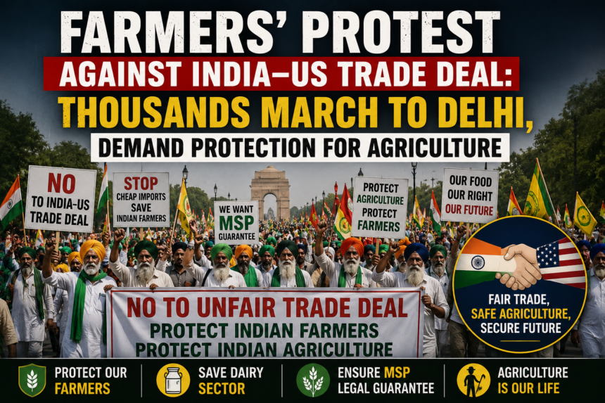 Indian farmers protest against the proposed India–US Trade Agreement near Delhi borders demanding protection for agriculture and MSP.