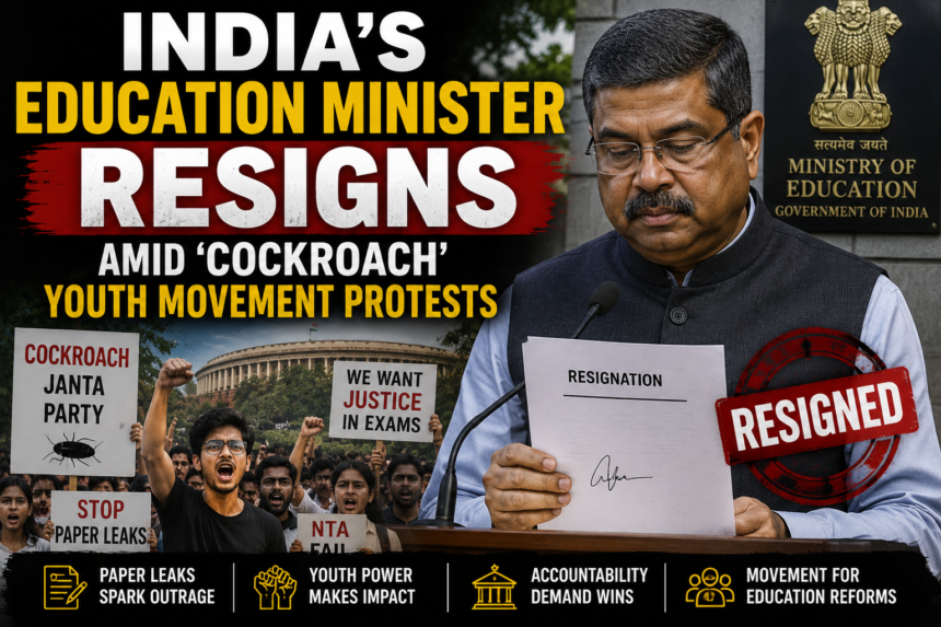 India's Education Minister resigns amid Cockroach Youth Movement protests over exam paper leaks and education reforms.