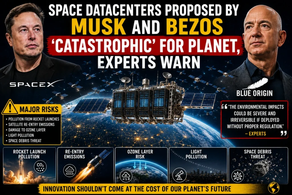 Illustration of proposed orbital AI datacenters with Elon Musk and Jeff Bezos as experts warn about environmental risks.