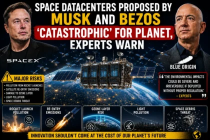 Illustration of proposed orbital AI datacenters with Elon Musk and Jeff Bezos as experts warn about environmental risks.