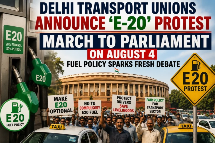 Delhi transport unions announce E20 protest march to Parliament over fuel policy.