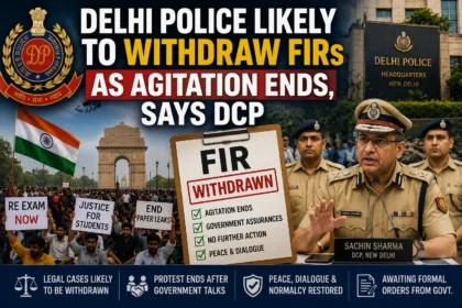Delhi Police headquarters and protest scene highlighting the likely withdrawal of FIRs after the agitation ended.