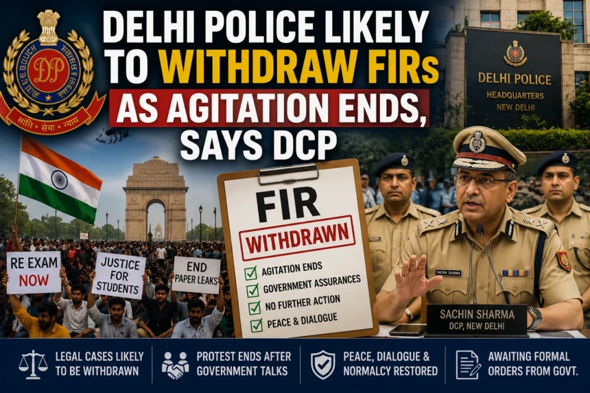 Delhi Police headquarters and protest scene highlighting the likely withdrawal of FIRs after the agitation ended.