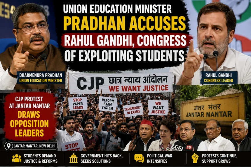 Union Education Minister Pradhan Accuses Rahul Gandhi, Congress of Exploiting Students; CJP Protest at Jantar Mantar Draws Opposition Leaders