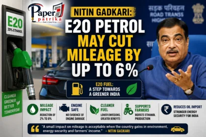 Nitin Gadkari speaking about E20 petrol and ethanol blending with an Indian fuel station in the background.