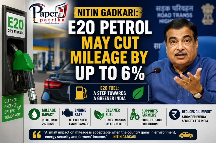 Nitin Gadkari speaking about E20 petrol and ethanol blending with an Indian fuel station in the background.