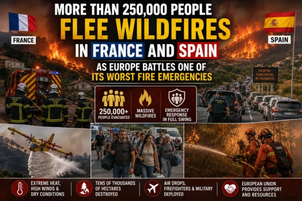 Map showing major wildfire zones in France and Spain where more than 250,000 people were evacuated during Europe's fire emergency.
