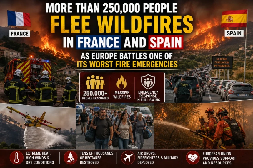 Map showing major wildfire zones in France and Spain where more than 250,000 people were evacuated during Europe's fire emergency.