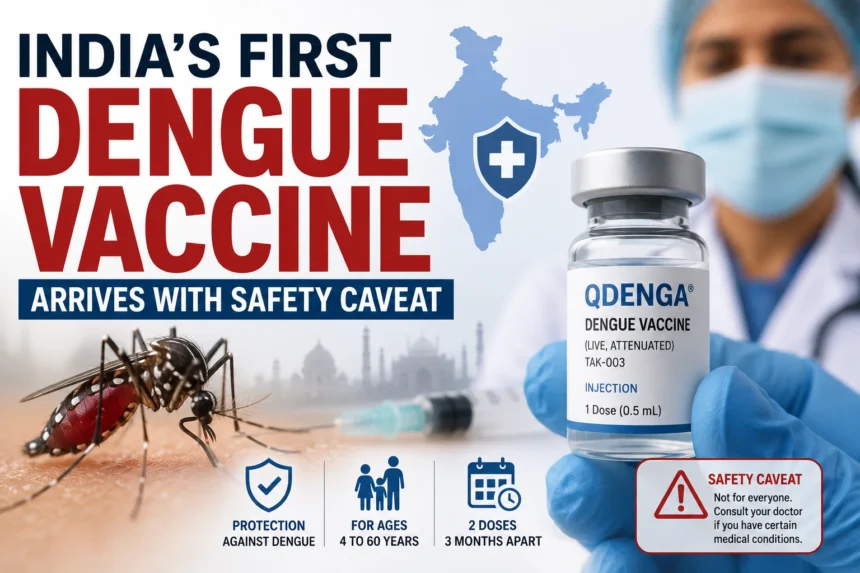 India's first dengue vaccine QDENGA approved for people aged 4–60 years with important safety precautions.