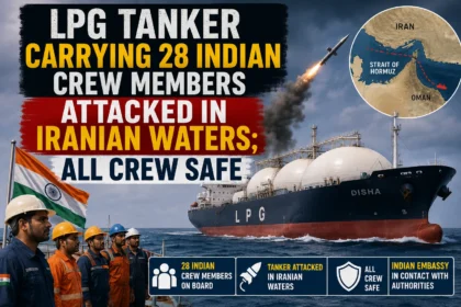 LPG tanker attacked in Iranian waters near the Strait of Hormuz with all 28 Indian crew members reported safe.
