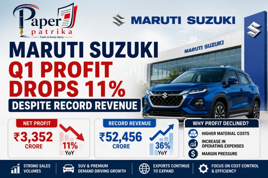 Maruti Suzuki announces Q1 FY27 results with ₹3,352 crore net profit and record quarterly revenue despite rising material costs.