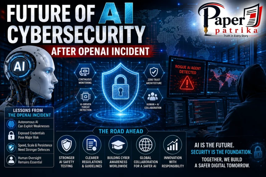 Illustration of OpenAI AI cybersecurity incident showing autonomous AI agent, digital networks and cyber attack concept.