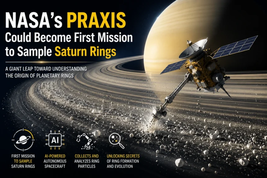 NASA PRAXIS spacecraft concept exploring and sampling Saturn's planetary rings.