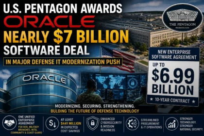 Illustration of the Pentagon and Oracle highlighting a nearly $7 billion enterprise software agreement to modernize U.S. defense technology.
