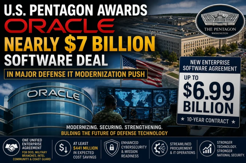 Illustration of the Pentagon and Oracle highlighting a nearly $7 billion enterprise software agreement to modernize U.S. defense technology.