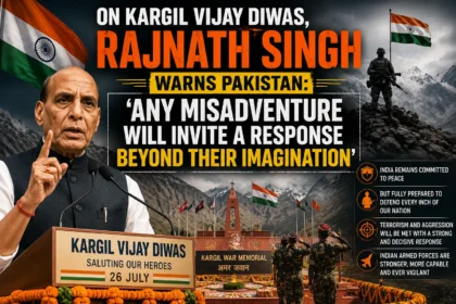 Defence Minister Rajnath Singh addressing the Kargil Vijay Diwas ceremony while paying tribute to Indian soldiers and warning Pakistan.