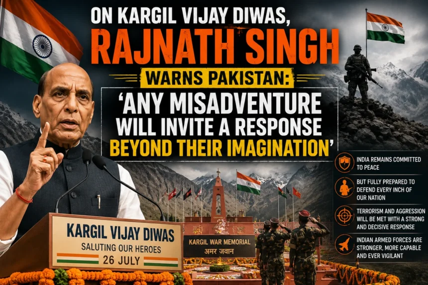 Defence Minister Rajnath Singh addressing the Kargil Vijay Diwas ceremony while paying tribute to Indian soldiers and warning Pakistan.