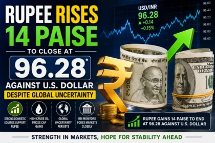 Rupee Rises 14 Paise to Close at 96.28 Against U.S. Dollar Despite Global Uncertainty