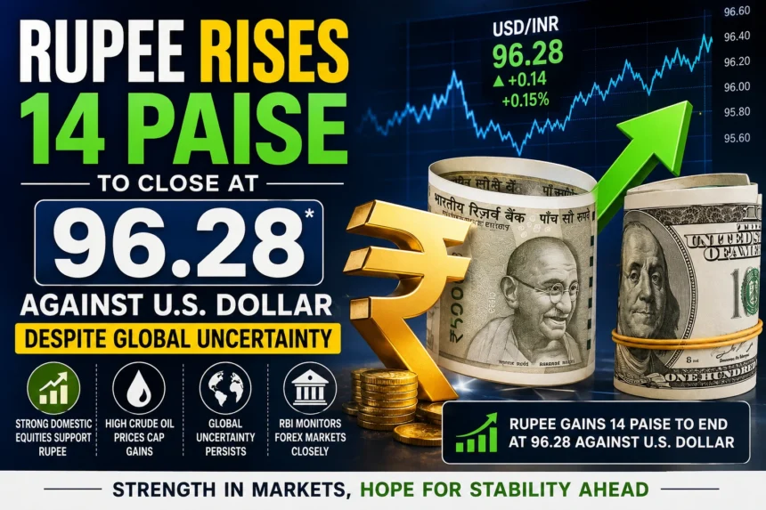 Rupee Rises 14 Paise to Close at 96.28 Against U.S. Dollar Despite Global Uncertainty
