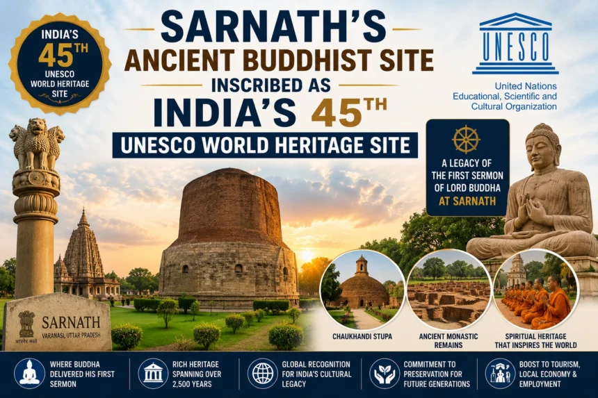 Ancient Buddhist Site of Sarnath declared India's 45th UNESCO World Heritage Site featuring Dhamek Stupa and Ashoka Pillar.
