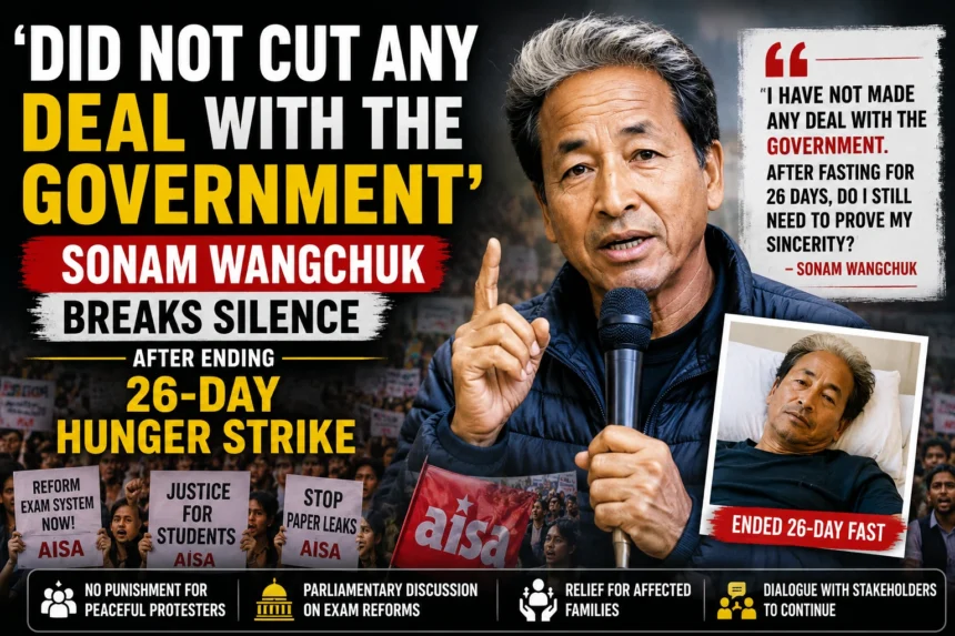 Sonam Wangchuk addressing the media after ending his 26-day hunger strike and denying any deal with the government.