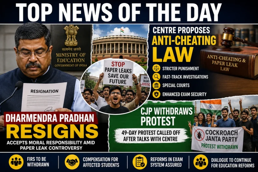Top news of the day featuring Dharmendra Pradhan's resignation, the Centre's proposed anti-cheating law, and CJP withdrawing its nationwide protest.