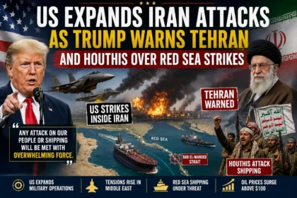 US expands military attacks on Iran as President Donald Trump warns Tehran and the Houthis over Red Sea shipping strikes during the escalating Middle East conflict.