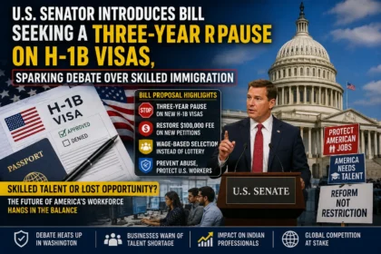 Illustration showing the U.S. Capitol, H-1B visa documents, and a proposed three-year pause on new H-1B visas introduced in the U.S. Senate.