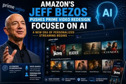 Jeff Bezos introducing Amazon Prime Video's AI-powered redesign with personalized streaming recommendations and a smarter user interface.