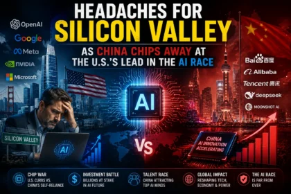 Illustration showing Silicon Valley facing growing competition as China rapidly advances in artificial intelligence and semiconductor technology.