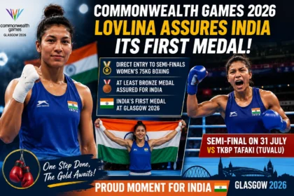 Indian boxer Lovlina Borgohain celebrates after assuring India its first medal at the Commonwealth Games 2026 in Glasgow.