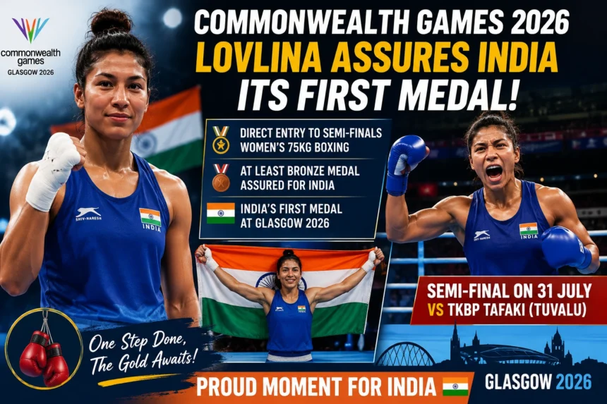 Indian boxer Lovlina Borgohain celebrates after assuring India its first medal at the Commonwealth Games 2026 in Glasgow.