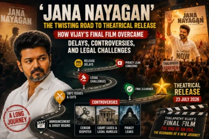 Thalapathy Vijay in Jana Nayagan highlighting the film's delayed theatrical release, censorship issues, legal challenges, and final release in 2026.