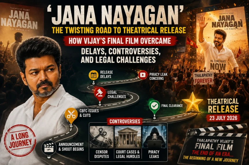 Thalapathy Vijay in Jana Nayagan highlighting the film's delayed theatrical release, censorship issues, legal challenges, and final release in 2026.