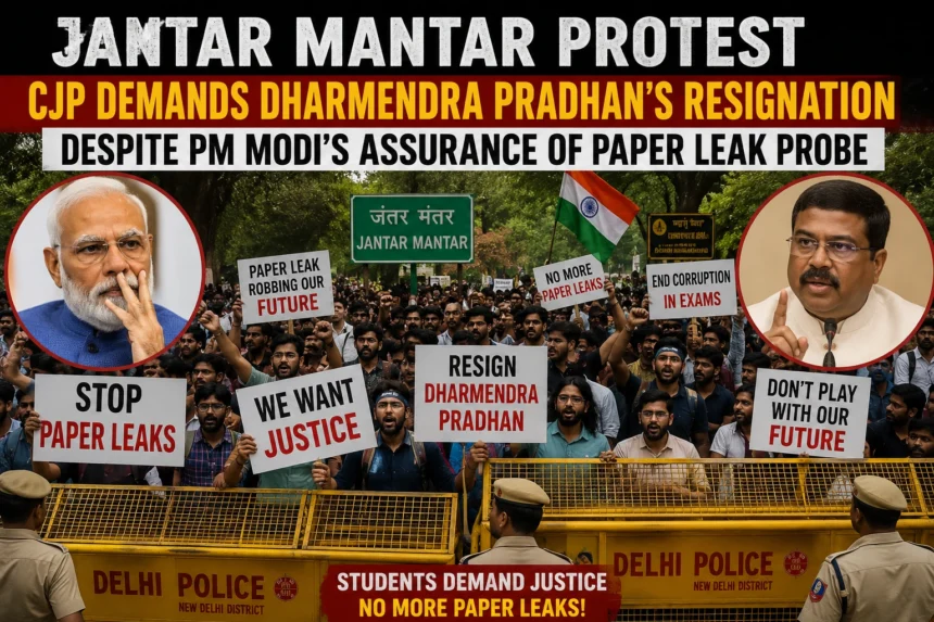 Students protest at Jantar Mantar as CJP demands Education Minister Dharmendra Pradhan's resignation over alleged paper leak cases despite PM Modi's assurance of an investigation.