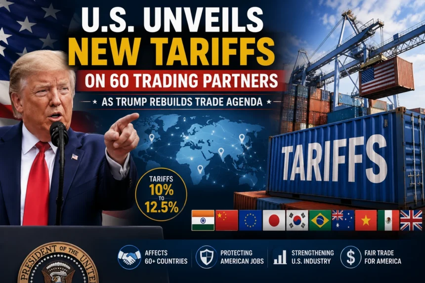 President Donald Trump announces new U.S. tariffs on 60 trading partners as part of America's renewed trade agenda.
