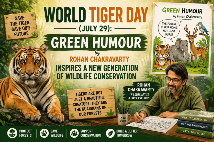 World Tiger Day 2026 poster featuring a Bengal tiger and Green Humour creator Rohan Chakravarty promoting wildlife conservation and forest protection.