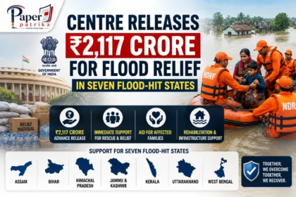 NDRF rescue teams assisting flood victims after the Centre released ₹2,117 crore disaster relief for seven flood-hit States.