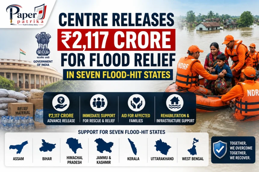 NDRF rescue teams assisting flood victims after the Centre released ₹2,117 crore disaster relief for seven flood-hit States.